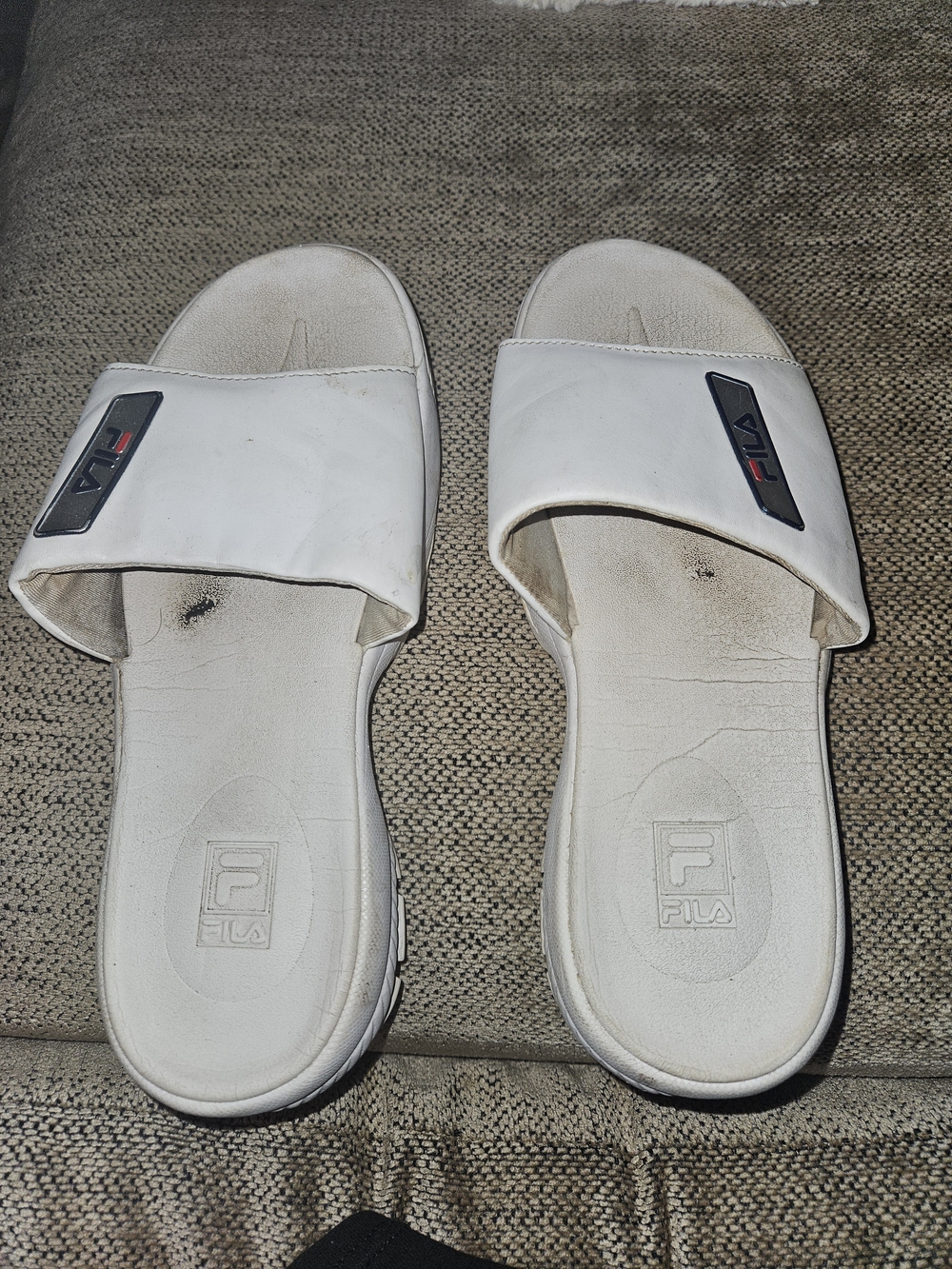 Fila White Women’s Slide Size 9 Sandals with Black & Red Logo Accents